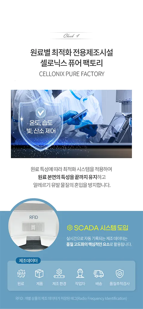 전용제조 시설 셀로닉스 퓨어 팩토리에서 제조하는 쎌티아이FOS. 원료 본연의 특성을 끝까지 유지하기에 알레르기 유발 물질의 혼입을 방지하고 온도, 습도, 빛, 산소 제어